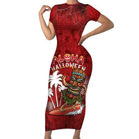Personalised Aloha Halloween Short Sleeve Bodycon Dress Skeleton Surfing LT05 Long Dress Red - Polynesian Pride