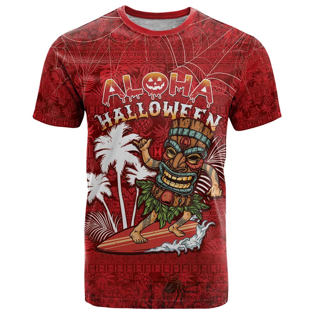 Personalised Aloha Halloween T Shirt Skeleton Surfing LT05 Red - Polynesian Pride