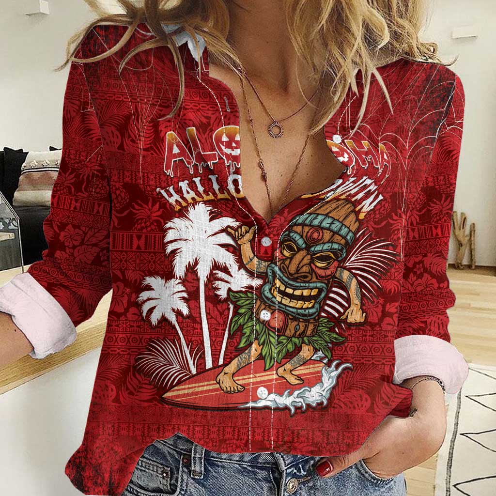 Personalised Aloha Halloween Women Casual Shirt Skeleton Surfing LT05 Female Red - Polynesian Pride