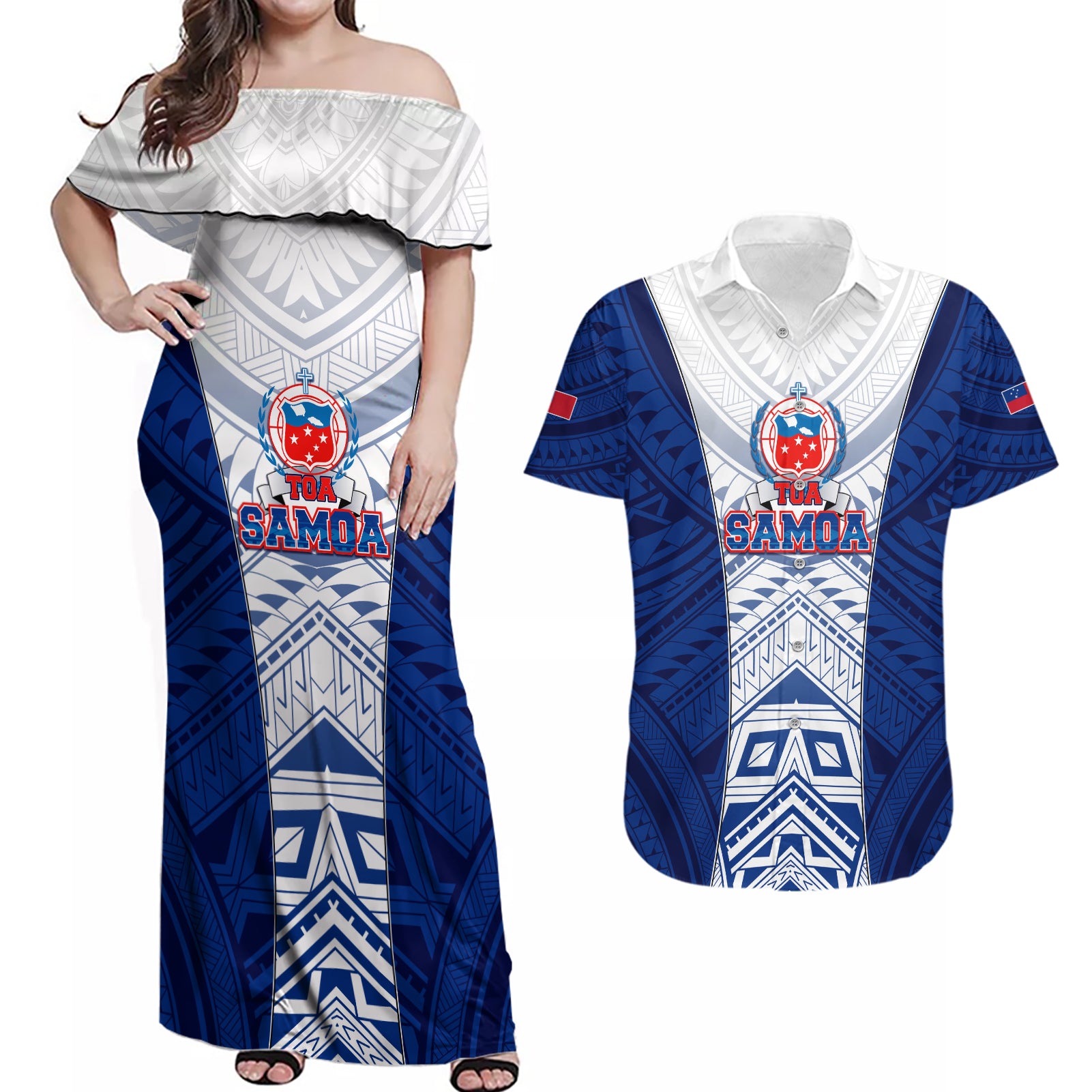 Custom Samoa Rugby Couples Matching Off Shoulder Maxi Dress and Hawaiian Shirt 2023 Pacific Championships Polynesian Pattern LT05 Blue - Polynesian Pride