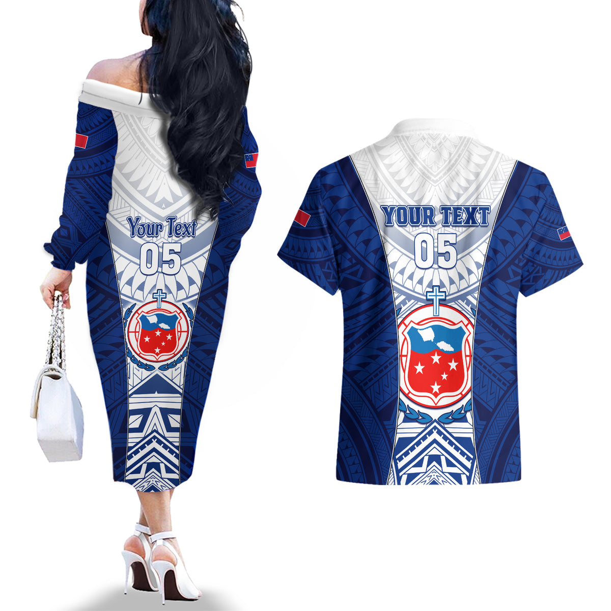 Custom Samoa Rugby Couples Matching Off The Shoulder Long Sleeve Dress and Hawaiian Shirt 2023 Pacific Championships Polynesian Pattern LT05 - Polynesian Pride