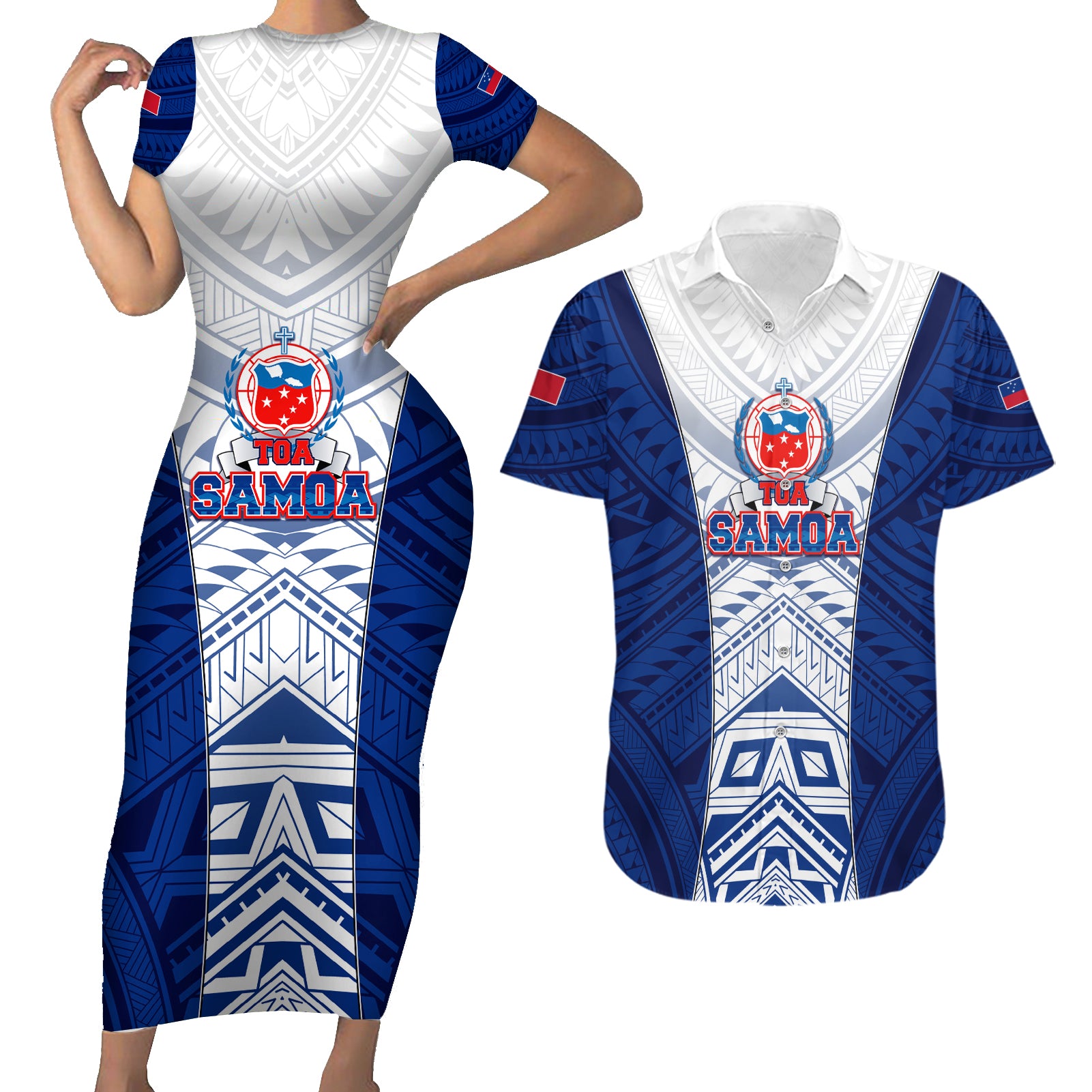 Custom Samoa Rugby Couples Matching Short Sleeve Bodycon Dress and Hawaiian Shirt 2023 Pacific Championships Polynesian Pattern LT05 Blue - Polynesian Pride