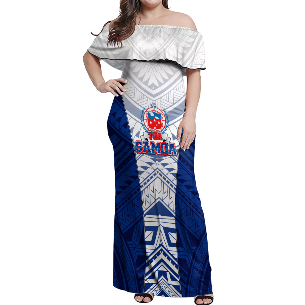 Custom Samoa Rugby Off Shoulder Maxi Dress 2023 Pacific Championships Polynesian Pattern LT05 Women Blue - Polynesian Pride