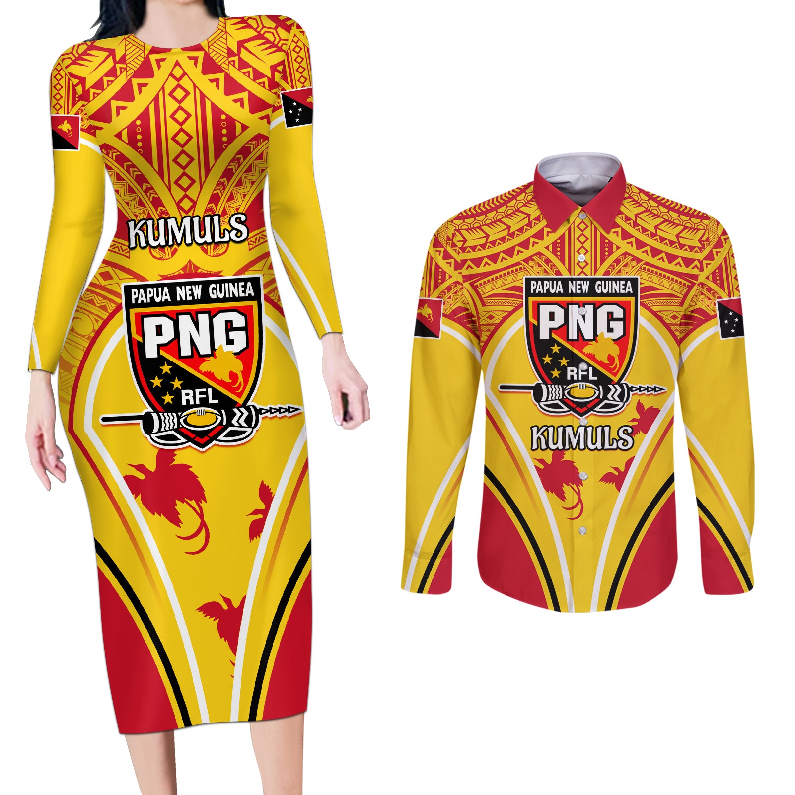 Custom Papua New Guinea Rugby Couples Matching Long Sleeve Bodycon Dress and Long Sleeve Button Shirt 2023 Pacific Championships The Kumuls LT05 Yellow - Polynesian Pride