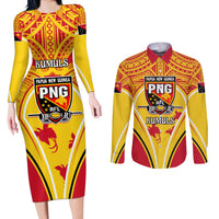 Custom Papua New Guinea Rugby Couples Matching Long Sleeve Bodycon Dress and Long Sleeve Button Shirt 2023 Pacific Championships The Kumuls LT05 Yellow - Polynesian Pride