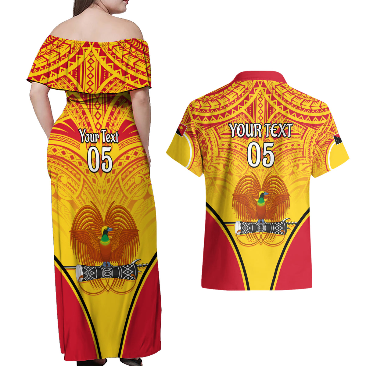 Custom Papua New Guinea Rugby Couples Matching Off Shoulder Maxi Dress and Hawaiian Shirt 2023 Pacific Championships The Kumuls LT05 - Polynesian Pride