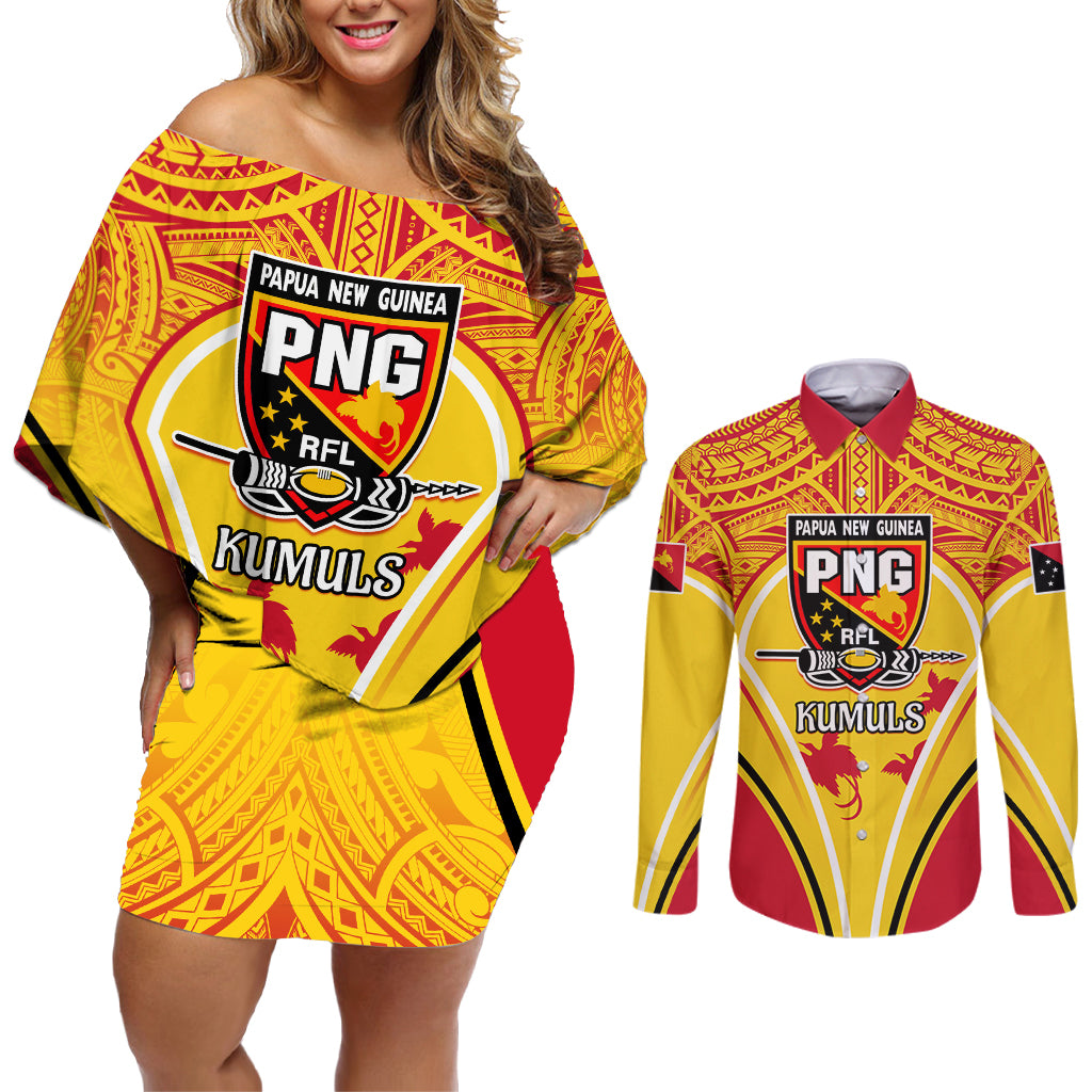 Custom Papua New Guinea Rugby Couples Matching Off Shoulder Short Dress and Long Sleeve Button Shirt 2023 Pacific Championships The Kumuls LT05 Yellow - Polynesian Pride