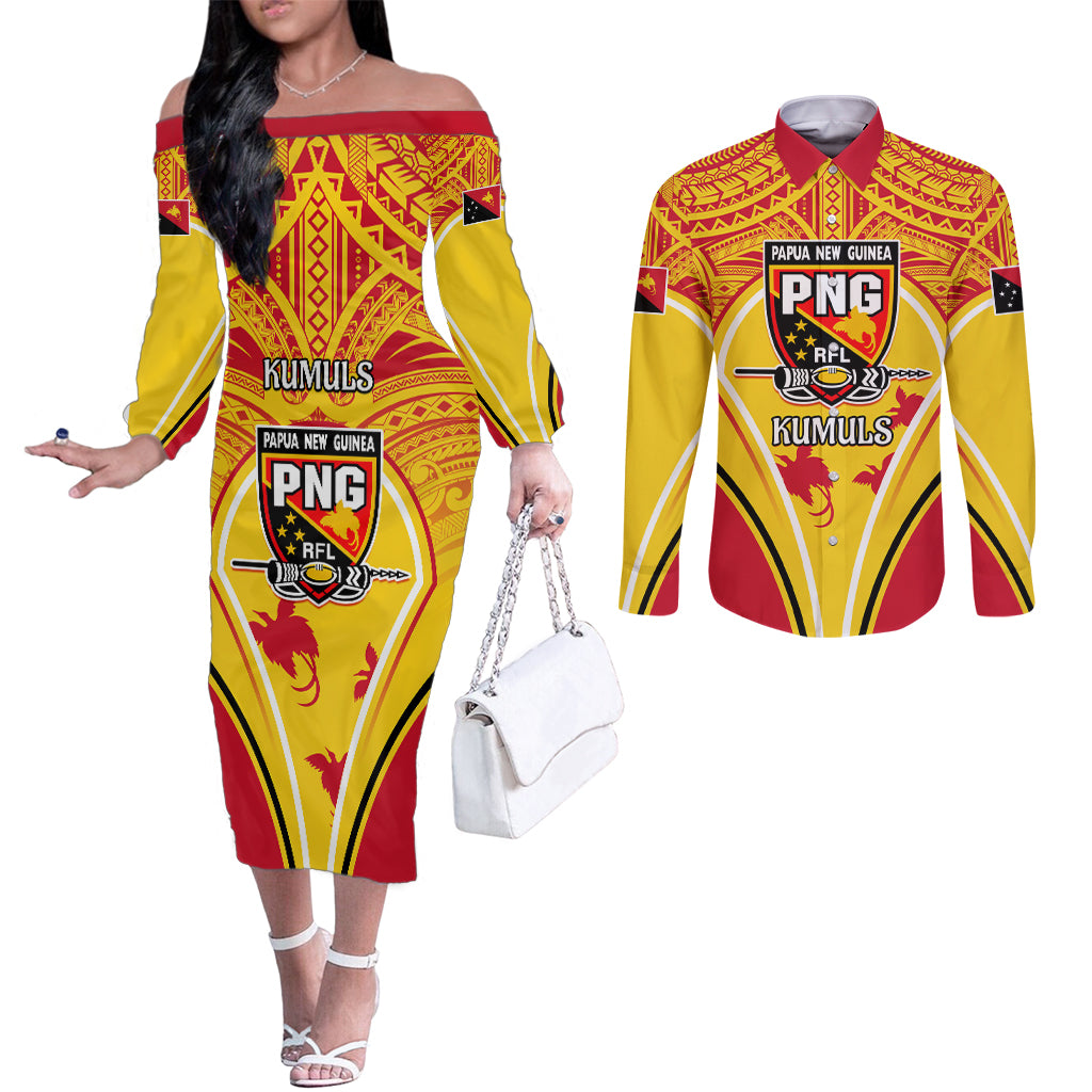 Custom Papua New Guinea Rugby Couples Matching Off The Shoulder Long Sleeve Dress and Long Sleeve Button Shirt 2023 Pacific Championships The Kumuls LT05 Yellow - Polynesian Pride