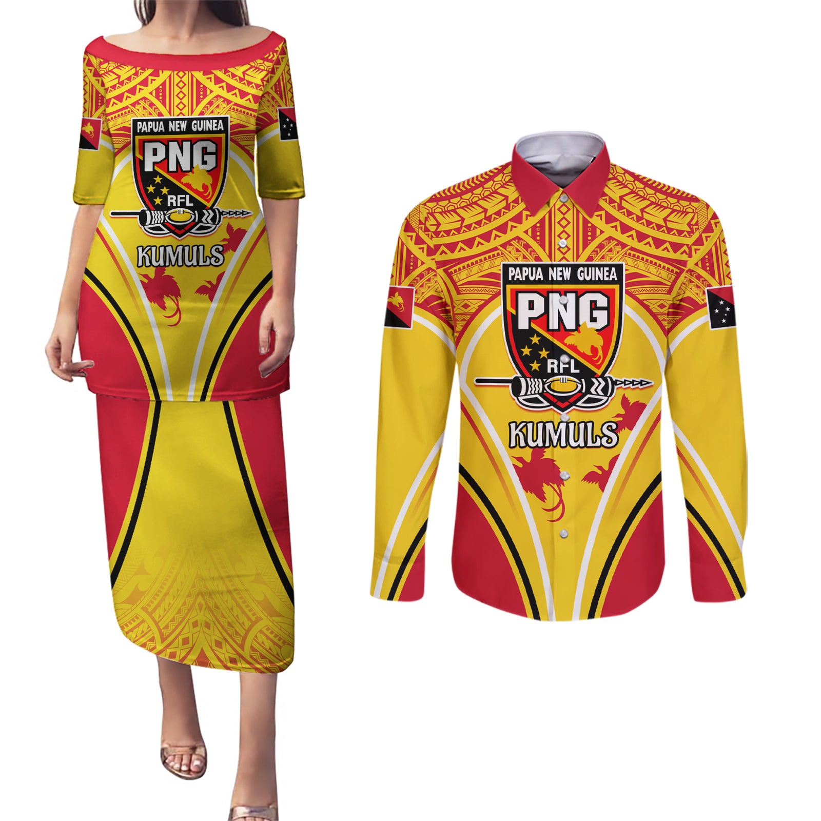 Custom Papua New Guinea Rugby Couples Matching Puletasi Dress and Long Sleeve Button Shirt 2023 Pacific Championships The Kumuls LT05 Yellow - Polynesian Pride