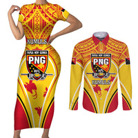 Custom Papua New Guinea Rugby Couples Matching Short Sleeve Bodycon Dress and Long Sleeve Button Shirt 2023 Pacific Championships The Kumuls LT05 Yellow - Polynesian Pride