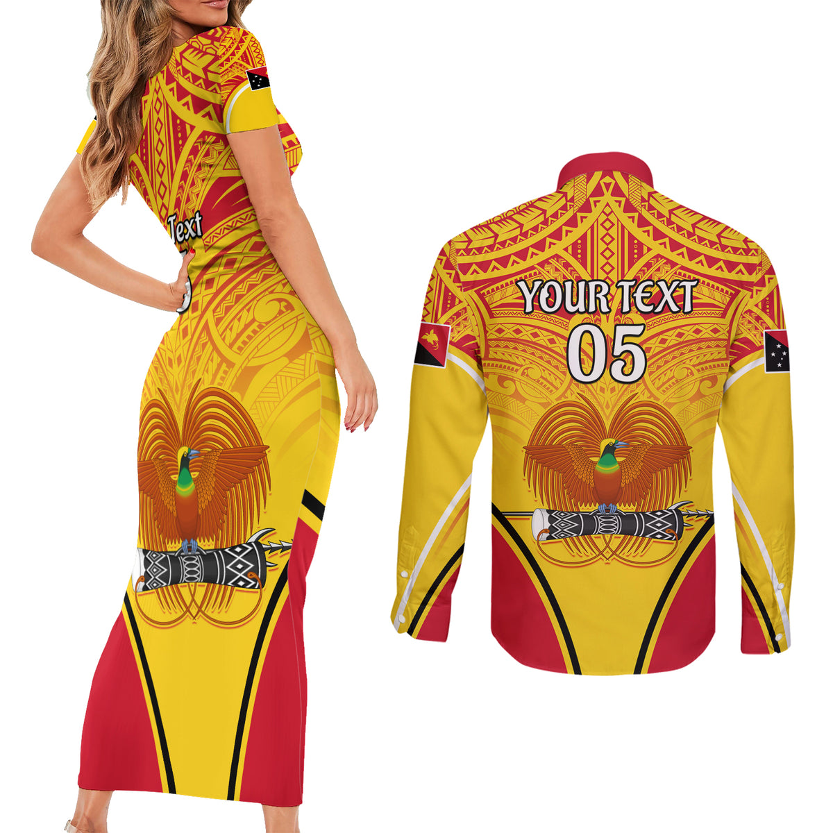 Custom Papua New Guinea Rugby Couples Matching Short Sleeve Bodycon Dress and Long Sleeve Button Shirt 2023 Pacific Championships The Kumuls LT05 - Polynesian Pride