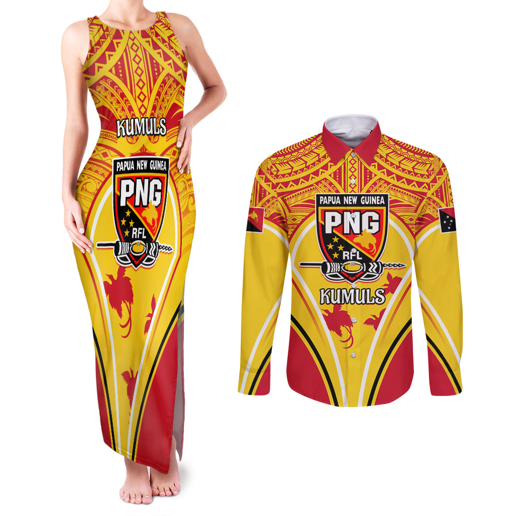 Custom Papua New Guinea Rugby Couples Matching Tank Maxi Dress and Long Sleeve Button Shirt 2023 Pacific Championships The Kumuls LT05 Yellow - Polynesian Pride