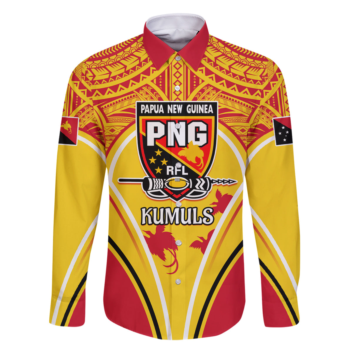 Custom Papua New Guinea Rugby Family Matching Off Shoulder Short Dress and Hawaiian Shirt 2023 Pacific Championships The Kumuls LT05 Dad's Shirt - Long Sleeve Yellow - Polynesian Pride