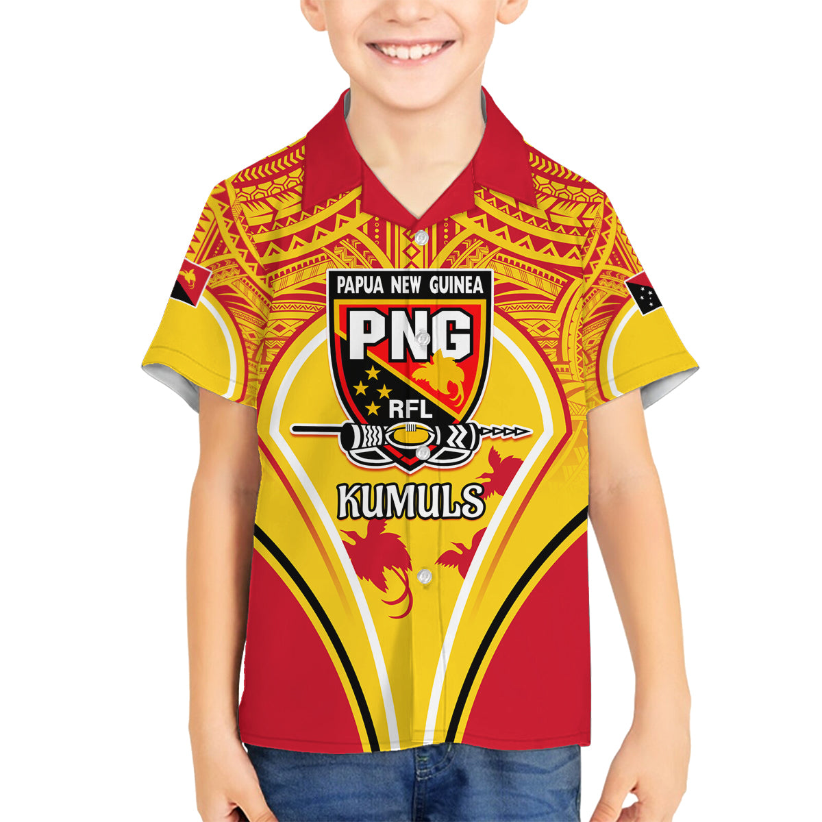 Custom Papua New Guinea Rugby Family Matching Puletasi Dress and Hawaiian Shirt 2023 Pacific Championships The Kumuls LT05 Son's Shirt Yellow - Polynesian Pride