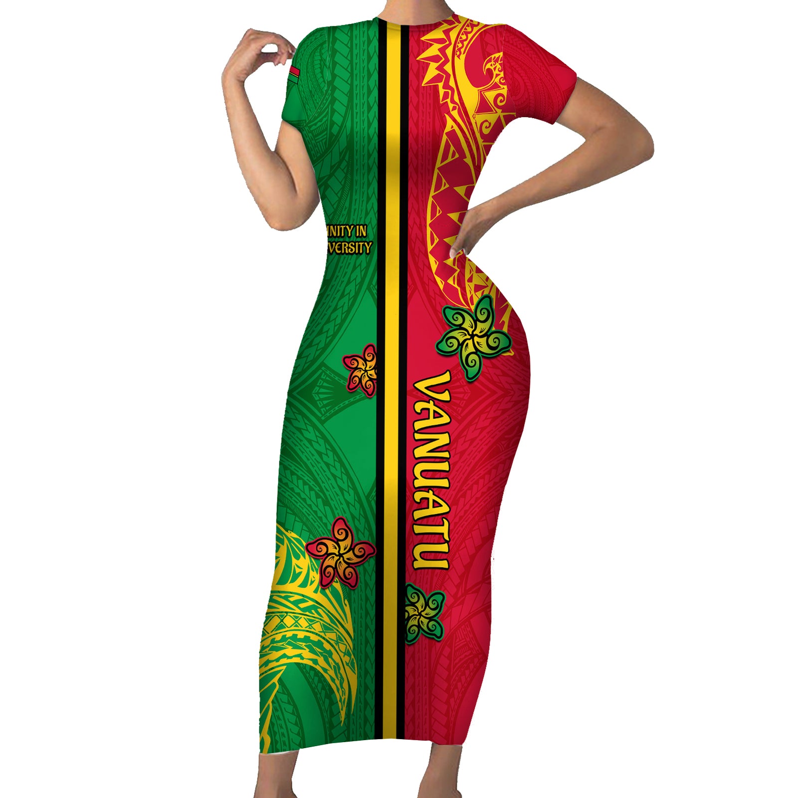 Personalised Vanuatu Happy Unity Day Short Sleeve Bodycon Dress Polynesian Plumeria LT05 Long Dress Red - Polynesian Pride