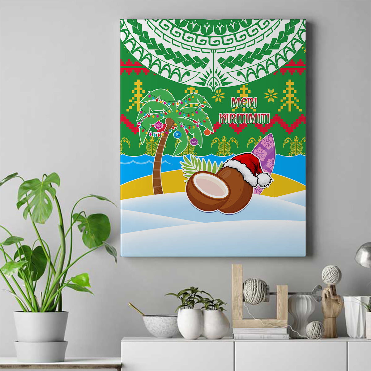 Cook Islands Christmas Canvas Wall Art Coconut Santa Beach Style LT05 Green - Polynesian Pride