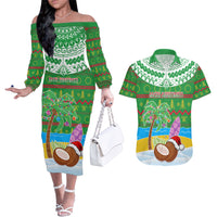 Personalised Cook Islands Christmas Couples Matching Off The Shoulder Long Sleeve Dress and Hawaiian Shirt Coconut Santa Beach Style LT05 Green - Polynesian Pride