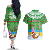 Personalised Cook Islands Christmas Couples Matching Off The Shoulder Long Sleeve Dress and Hawaiian Shirt Coconut Santa Beach Style LT05 - Polynesian Pride
