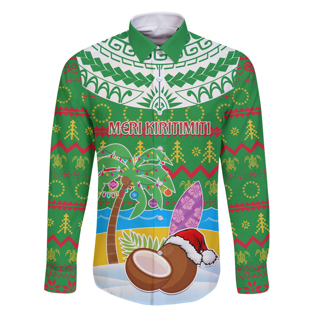 Personalised Cook Islands Christmas Family Matching Off Shoulder Maxi Dress and Hawaiian Shirt Coconut Santa Beach Style LT05 Dad's Shirt - Long Sleeve Green - Polynesian Pride