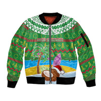Personalised Cook Islands Christmas Sleeve Zip Bomber Jacket Coconut Santa Beach Style LT05 Unisex Green - Polynesian Pride