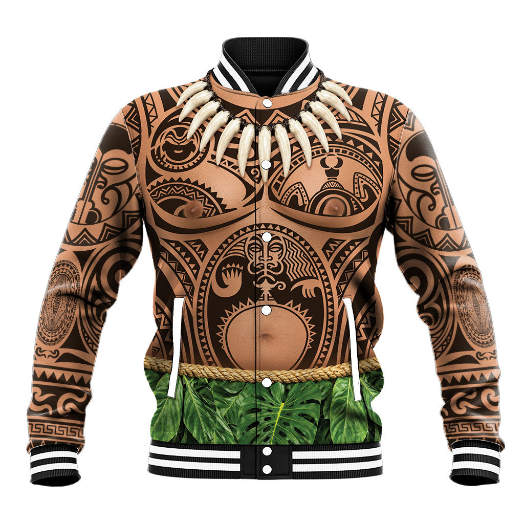 Hawaii Warrior Tattoo Inspired Baseball Jacket Tropical Leaf Skirt Costume LT05 Unisex Beige - Polynesian Pride