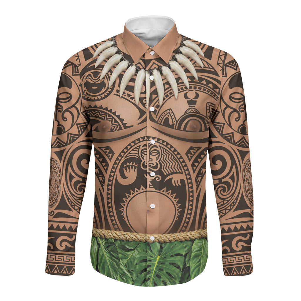 Hawaii Warrior Tattoo Inspired Long Sleeve Button Shirt Tropical Leaf Skirt Costume LT05 Unisex Beige - Polynesian Pride