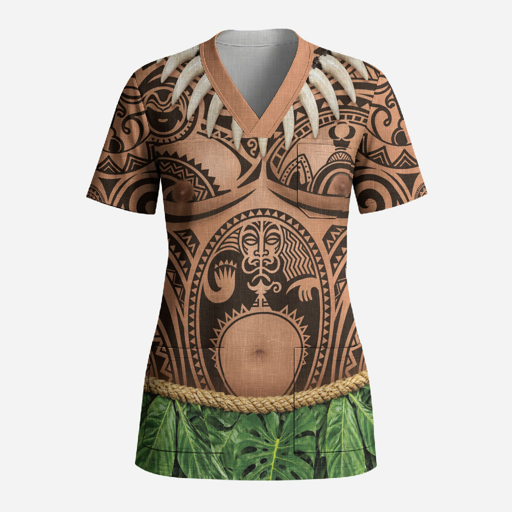 Hawaii Warrior Tattoo Inspired Scrub Top Tropical Leaf Skirt Costume