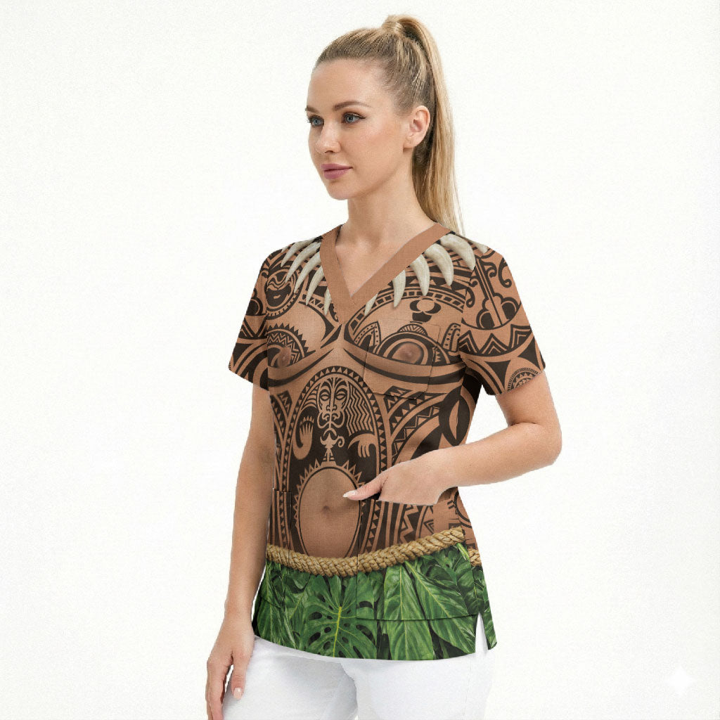 Hawaii Warrior Tattoo Inspired Scrub Top Tropical Leaf Skirt Costume