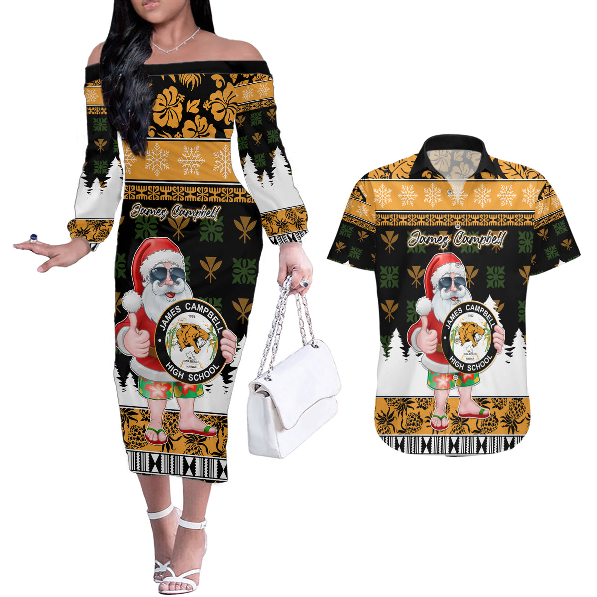 Custom Hawaii James Campbell High School Christmas Couples Matching Off The Shoulder Long Sleeve Dress and Hawaiian Shirt Tropical Santa Claus LT05 Black - Polynesian Pride