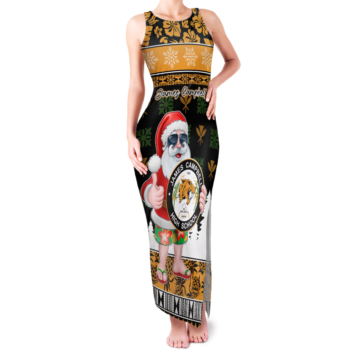 Custom Hawaii James Campbell High School Christmas Family Matching Tank Maxi Dress and Hawaiian Shirt Tropical Santa Claus LT05 Mom's Dress Black - Polynesian Pride