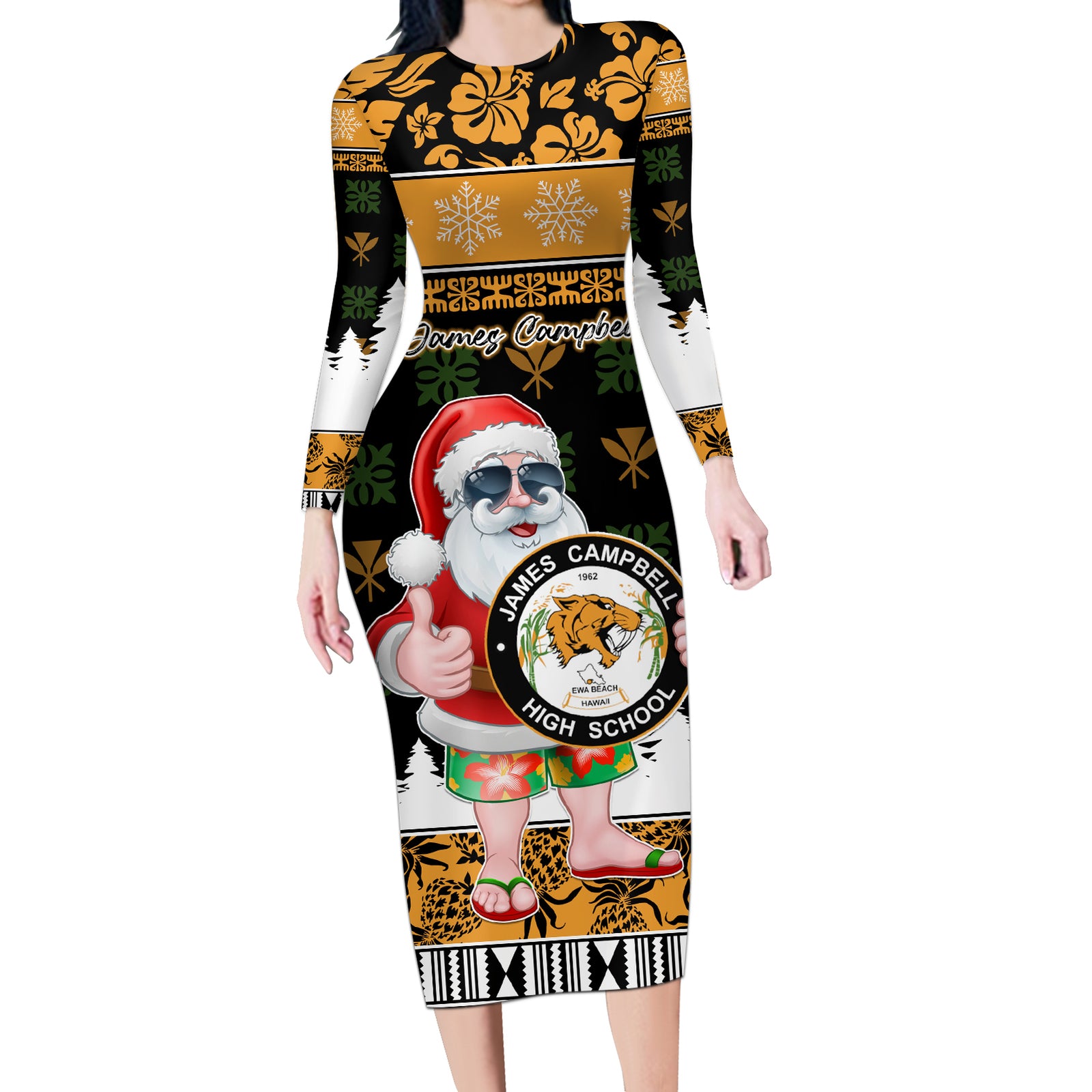 Custom Hawaii James Campbell High School Christmas Long Sleeve Bodycon Dress Tropical Santa Claus LT05 Long Dress Black - Polynesian Pride