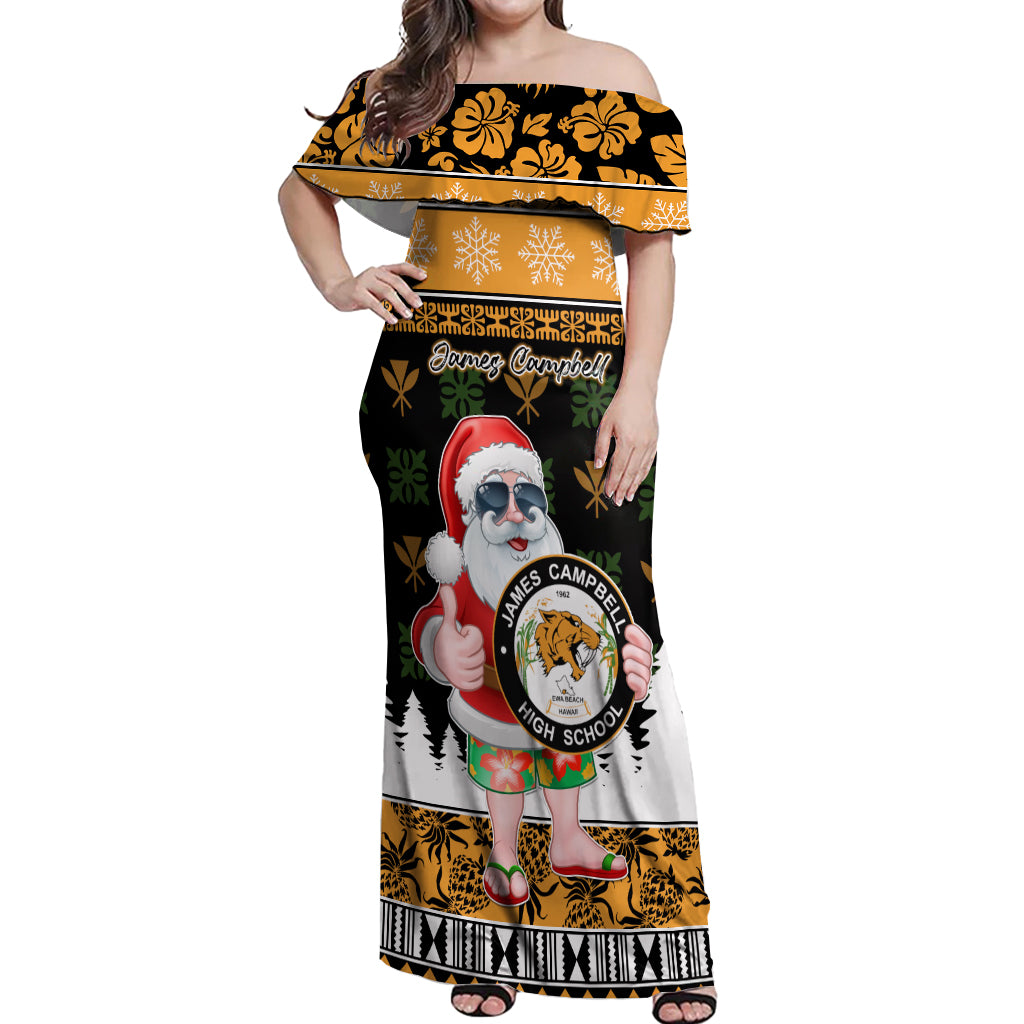 Custom Hawaii James Campbell High School Christmas Off Shoulder Maxi Dress Tropical Santa Claus LT05 Women Black - Polynesian Pride