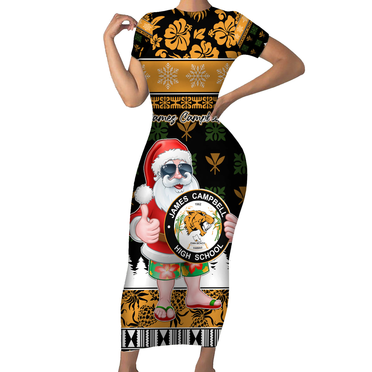 Custom Hawaii James Campbell High School Christmas Short Sleeve Bodycon Dress Tropical Santa Claus LT05 Long Dress Black - Polynesian Pride