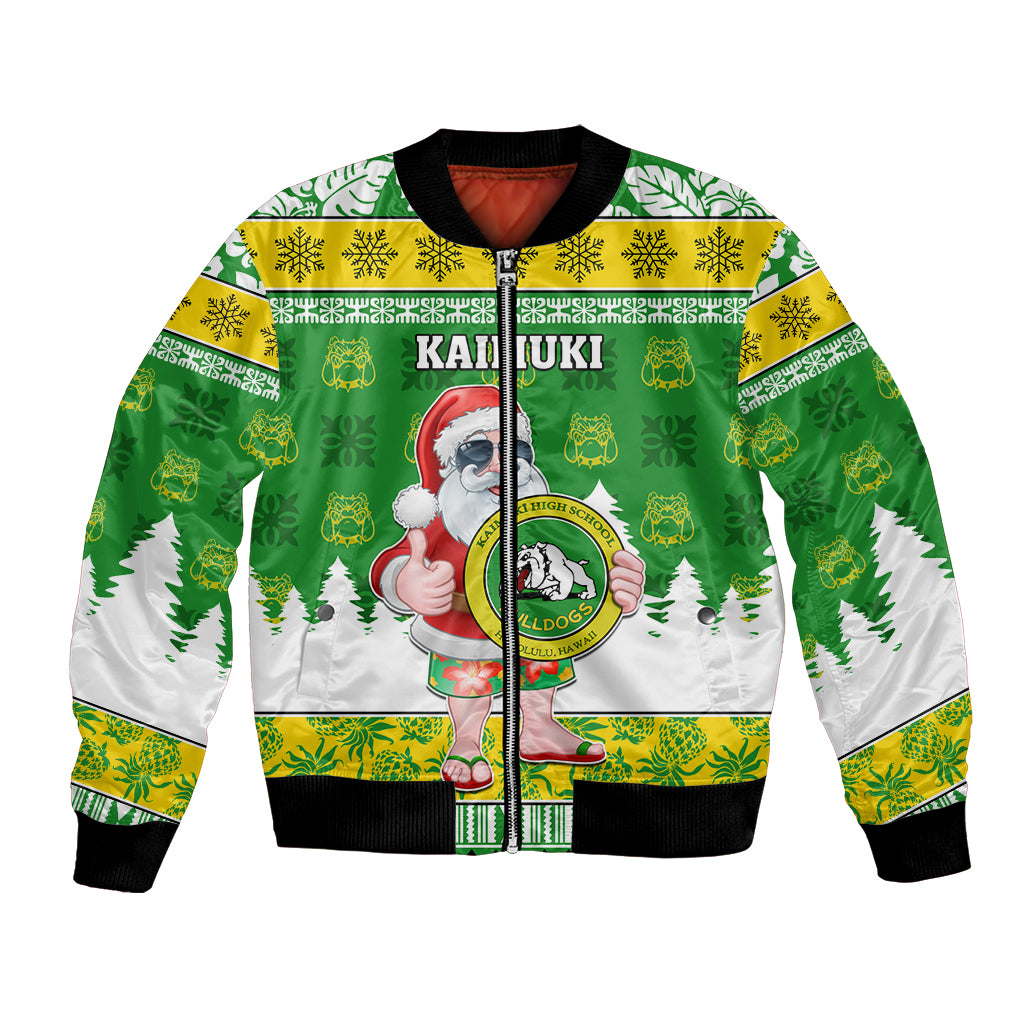 Custom Hawaii Kaimuki High School Christmas Bomber Jacket Tropical Santa Claus LT05 Unisex Green - Polynesian Pride