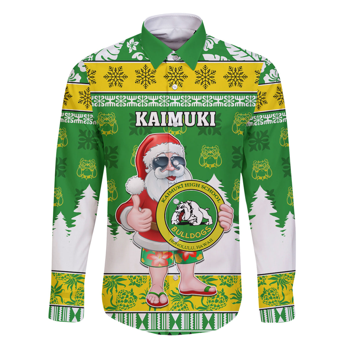 Custom Hawaii Kaimuki High School Christmas Family Matching Off Shoulder Short Dress and Hawaiian Shirt Tropical Santa Claus LT05 Dad's Shirt - Long Sleeve Green - Polynesian Pride