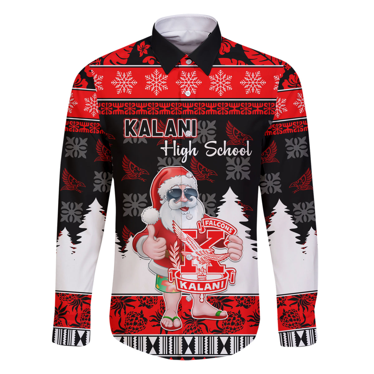 Custom Hawaii Kalani High School Christmas Family Matching Short Sleeve Bodycon Dress and Hawaiian Shirt Tropical Santa Claus LT05 Dad's Shirt - Long Sleeve Red - Polynesian Pride
