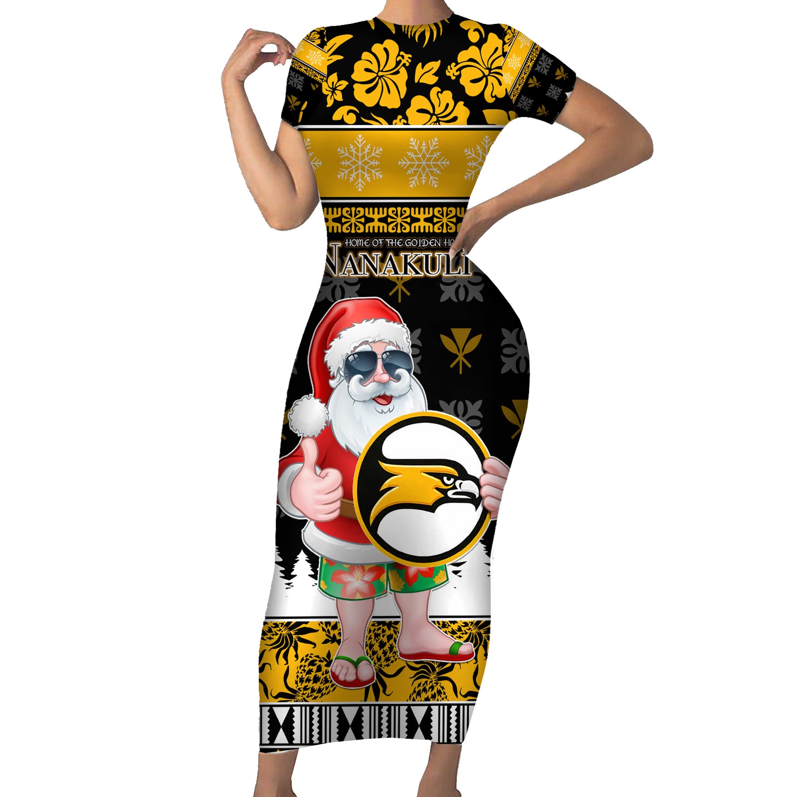 Custom Hawaii Nanakuli High and Intermediate School Christmas Short Sleeve Bodycon Dress Tropical Santa Claus LT05 Long Dress Yellow - Polynesian Pride