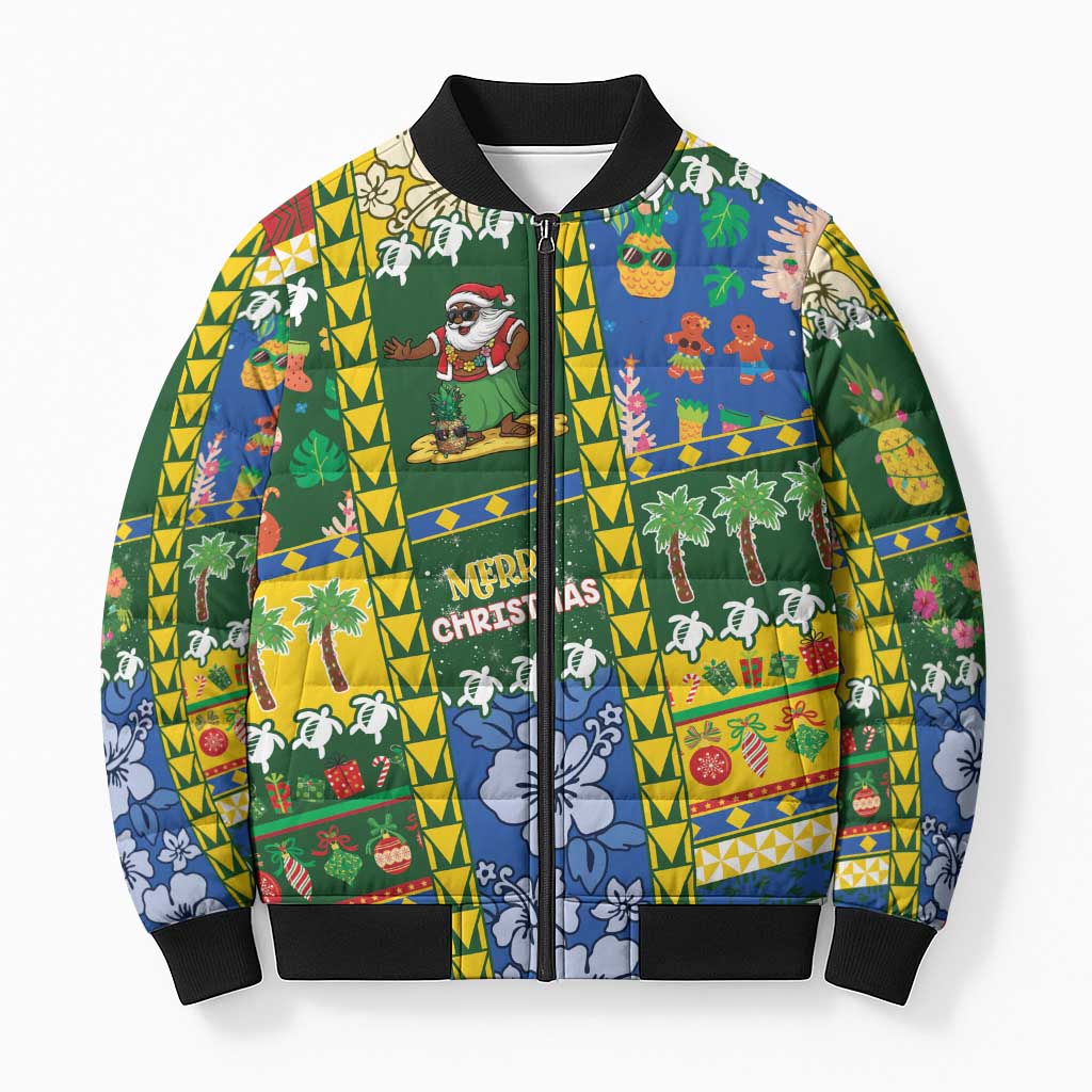 Solomon Islands Christmas Bomber Puffer Jacket Festive Beach Vibes LT05 Unisex Green - Polynesian Pride