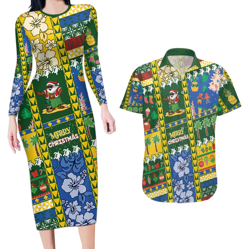 Solomon Islands Christmas Couples Matching Long Sleeve Bodycon Dress and Hawaiian Shirt Festive Beach Vibes - Polynesian Pride