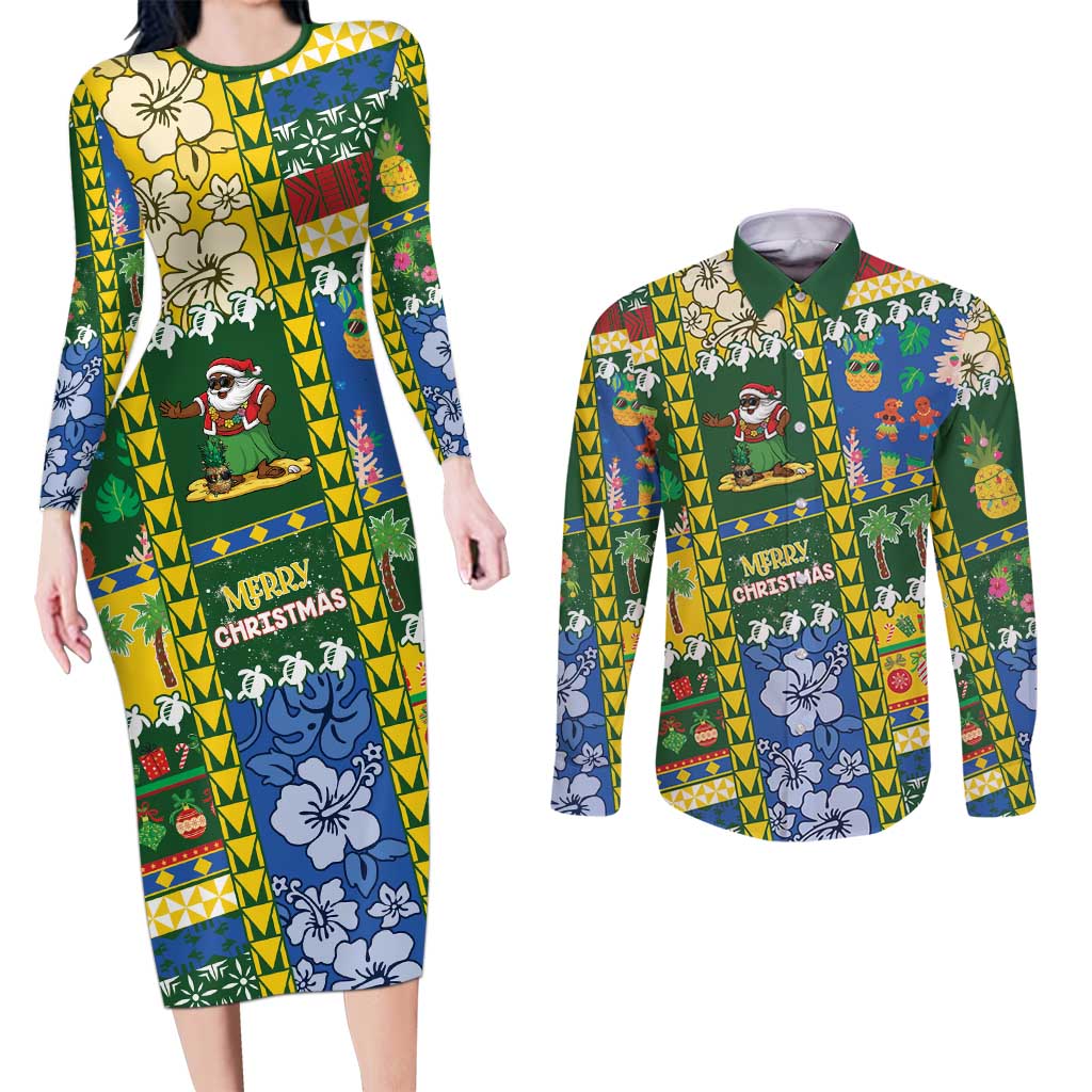 Solomon Islands Christmas Couples Matching Long Sleeve Bodycon Dress and Long Sleeve Button Shirt Festive Beach Vibes LT05 Green - Polynesian Pride