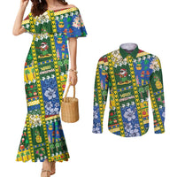 Solomon Islands Christmas Couples Matching Mermaid Dress and Long Sleeve Button Shirt Festive Beach Vibes LT05 Green - Polynesian Pride