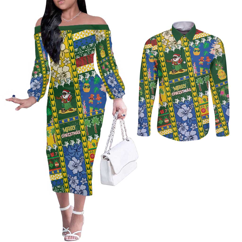 Solomon Islands Christmas Couples Matching Off The Shoulder Long Sleeve Dress and Long Sleeve Button Shirt Festive Beach Vibes LT05 Green - Polynesian Pride