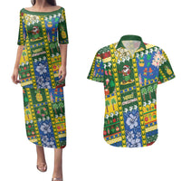 Solomon Islands Christmas Couples Matching Puletasi and Hawaiian Shirt Festive Beach Vibes - Polynesian Pride
