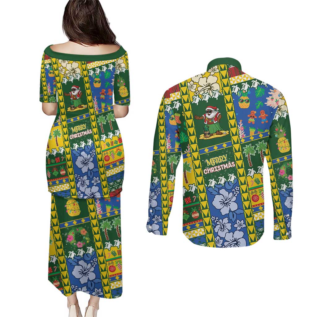 Solomon Islands Christmas Couples Matching Puletasi and Long Sleeve Button Shirt Festive Beach Vibes - Polynesian Pride