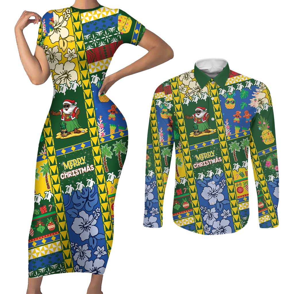 Solomon Islands Christmas Couples Matching Short Sleeve Bodycon Dress and Long Sleeve Button Shirt Festive Beach Vibes - Polynesian Pride