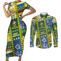 Solomon Islands Christmas Couples Matching Short Sleeve Bodycon Dress and Long Sleeve Button Shirt Festive Beach Vibes LT05 Green - Polynesian Pride