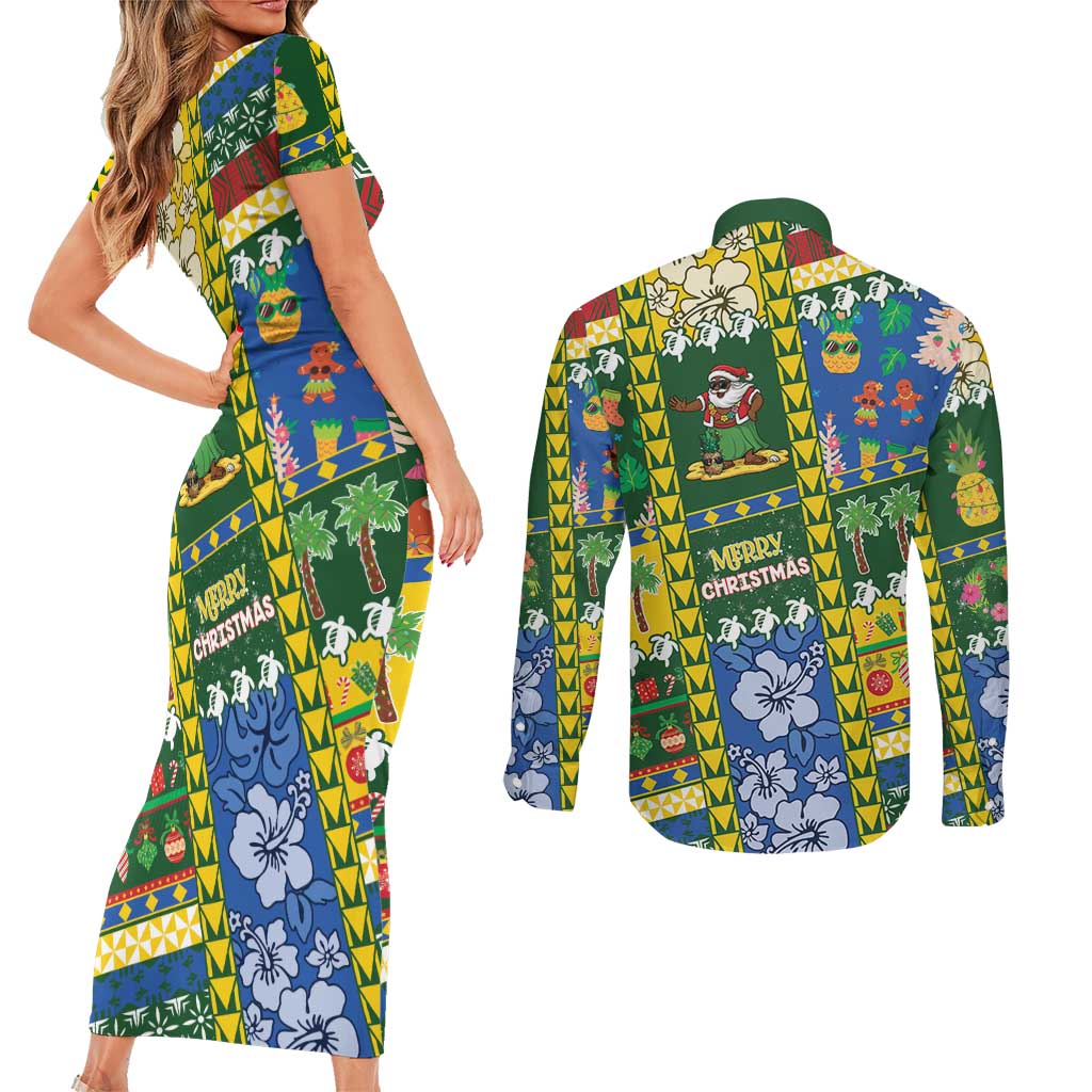Solomon Islands Christmas Couples Matching Short Sleeve Bodycon Dress and Long Sleeve Button Shirt Festive Beach Vibes LT05 - Polynesian Pride