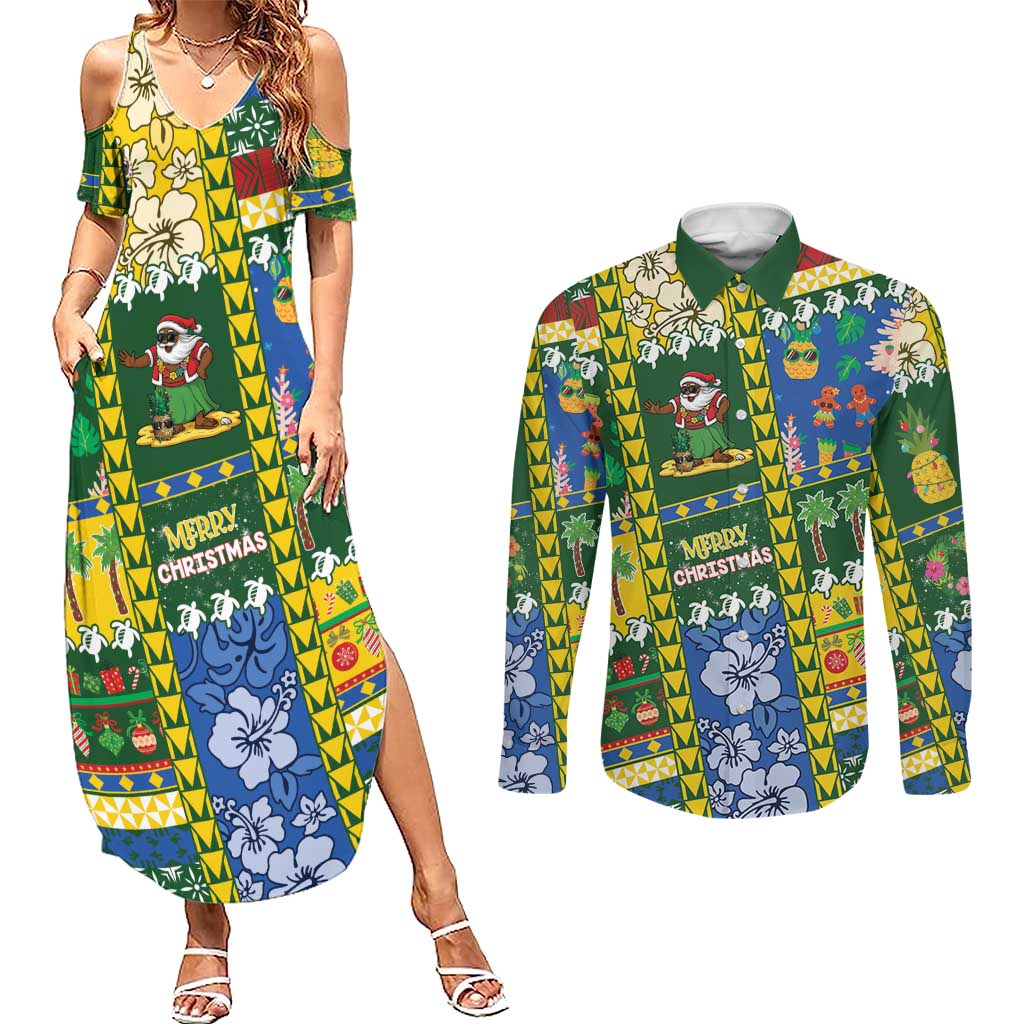 Solomon Islands Christmas Couples Matching Summer Maxi Dress and Long Sleeve Button Shirt Festive Beach Vibes - Polynesian Pride