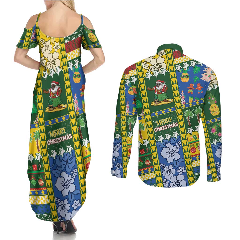 Solomon Islands Christmas Couples Matching Summer Maxi Dress and Long Sleeve Button Shirt Festive Beach Vibes - Polynesian Pride