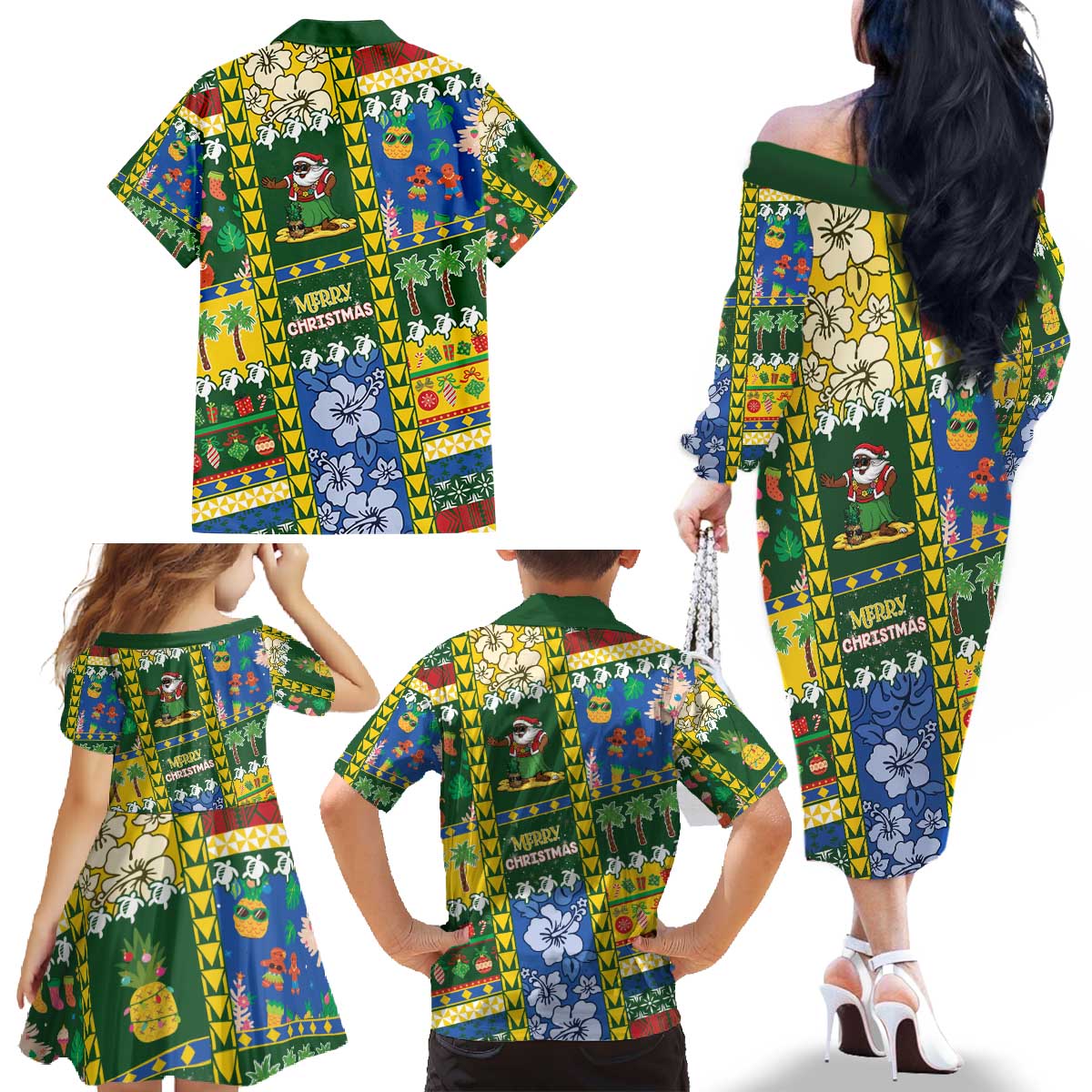 Solomon Islands Christmas Family Matching Off The Shoulder Long Sleeve Dress and Hawaiian Shirt Festive Beach Vibes - Polynesian Pride